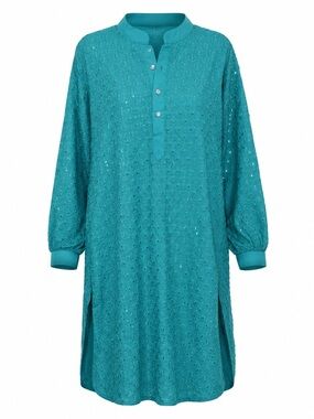Turquoise Embroidered Sequin Cotton Tunic Dress Boho  Coastal Cottagecore
